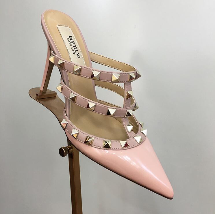 

2021 Women Sandals V Right Logo 6 8 10cm High Heel Wedding With Rivets Cow Patent Leather Pointed Toe Party Women Shoes 34-43, Black
