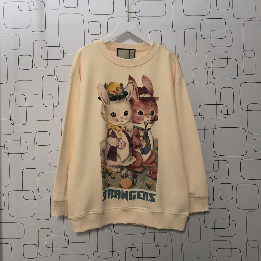 

Oil painting retro doll rabbit loose version female tide sweatshirt, Beige