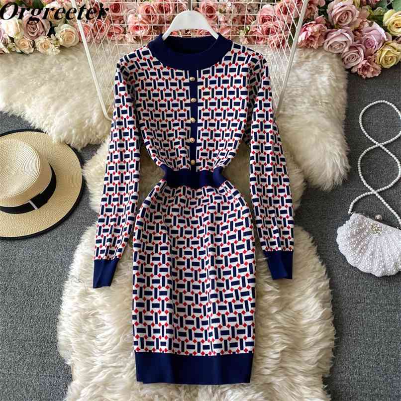 

Spring Korean Temperament Color matching Geometry Slim Sheath Mini Knitted Dress Female Bottoming Sweater 210602, Blue