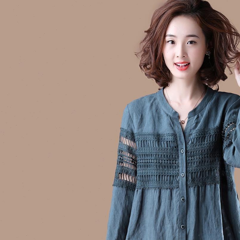 

autumn long sleeve casual cotton womens shirts fashion v neck hollow out lace female plus size p195, White