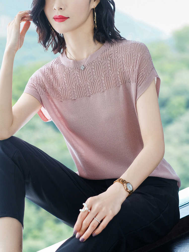 

Women Summer Knitted Sweater Ladies Sexy Lace Patchwork short Sleeve Pullover Top Casual basic Sweater Women Pink White 210604, Black