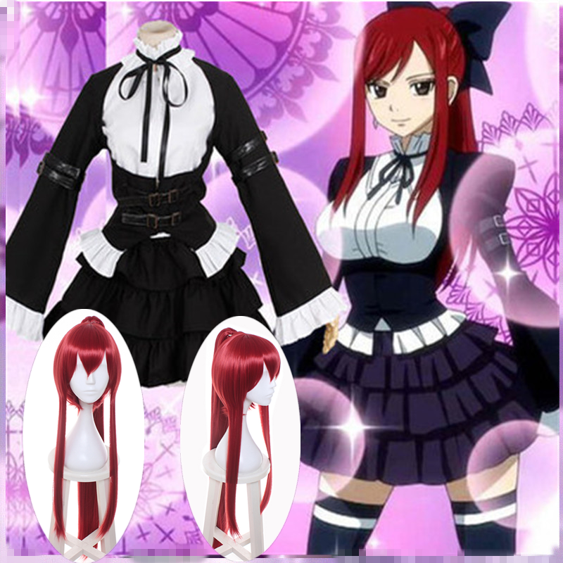 

Anime Costumes Fairy Tail Erza Scarlet black maid lolita Cosplay Costume long red wigs cutome-made for Halloween Carnival Uniform in stock