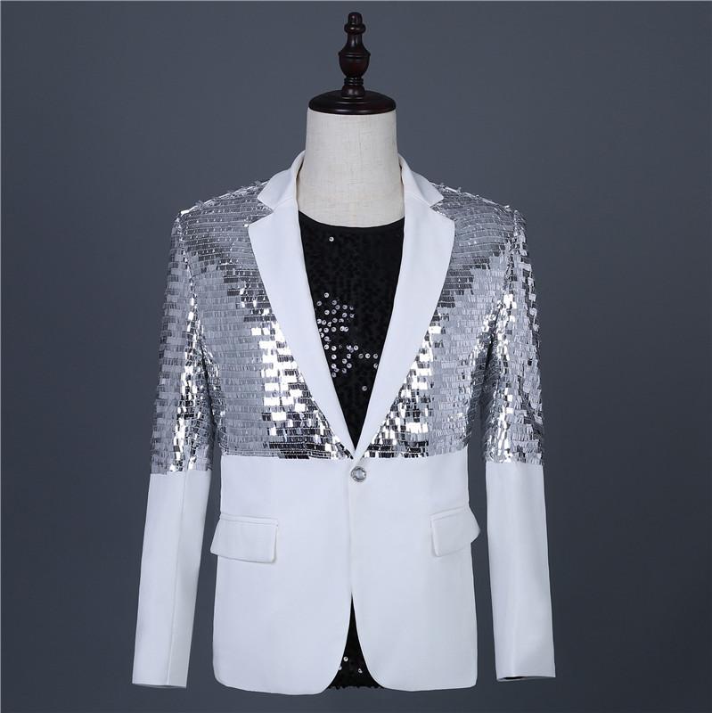 

Male Singer Sequin Costume Coat Magician Host Stage Dress Performance Man Group Men Clothing Men's Suits & Blazers, White