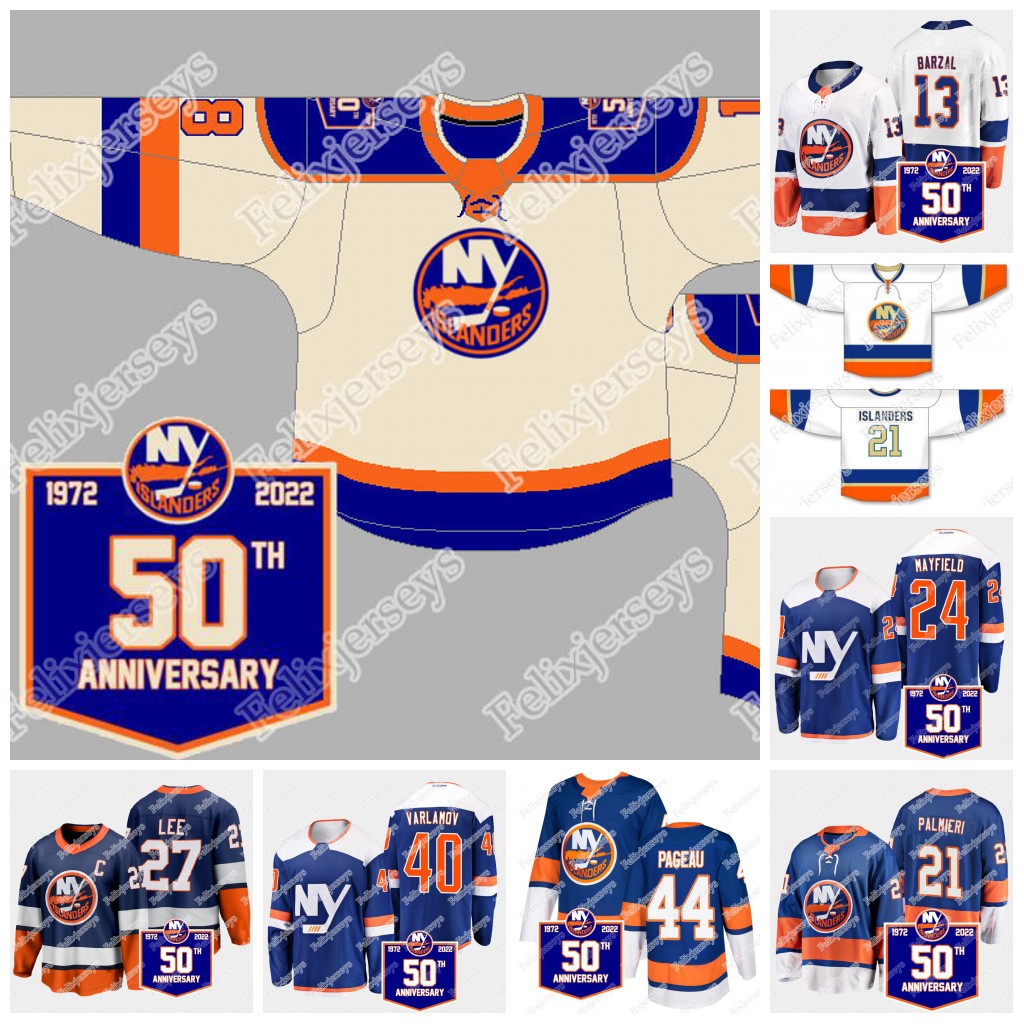 

New York Islanders 50th Anniversary Jersey Anders Lee Mathew Barzal Kyle Palmieri Jean-Gabriel Pageau Andy Greene Scott Mayfield Noah Dobson Nick Leddy, Blue third men: size s-3xl