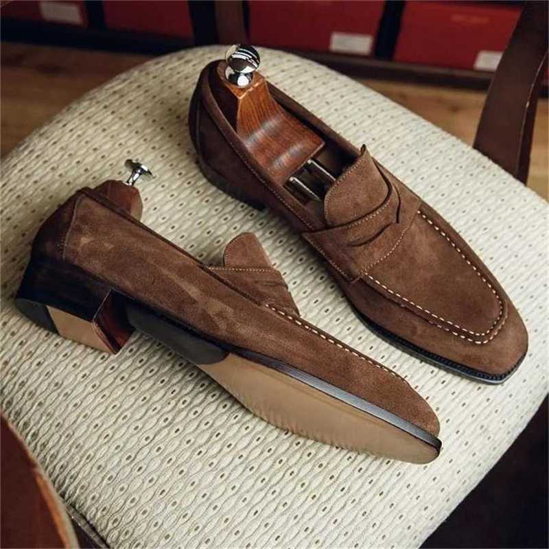

Men Fashion Trend Business Casual Dress Shoes Handmade Brown Suede Car Stitching Square Head Cover Wearing Loafers KU079 211102