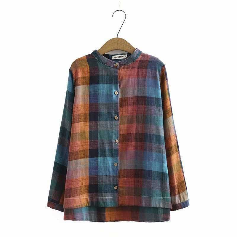 

Spring Autumn Arts Style Women Long Sleeve Loose Shirts Vintage Plaid Cotton Linen Blouse Femme Casual Tops Plus Size V230 210608, Red