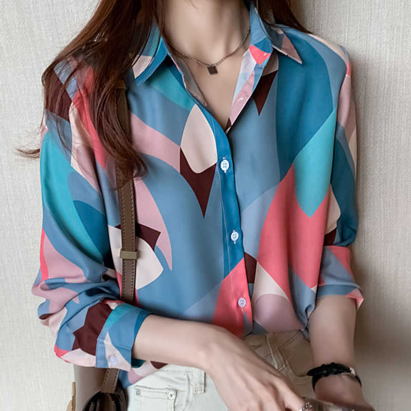 

Long Sleeve Print Chiffon Blouse Shirt Tops Blouse Women Blusas Mujer De Moda Turn Down Collar Office Blouse Blusa D631 210602, As picture