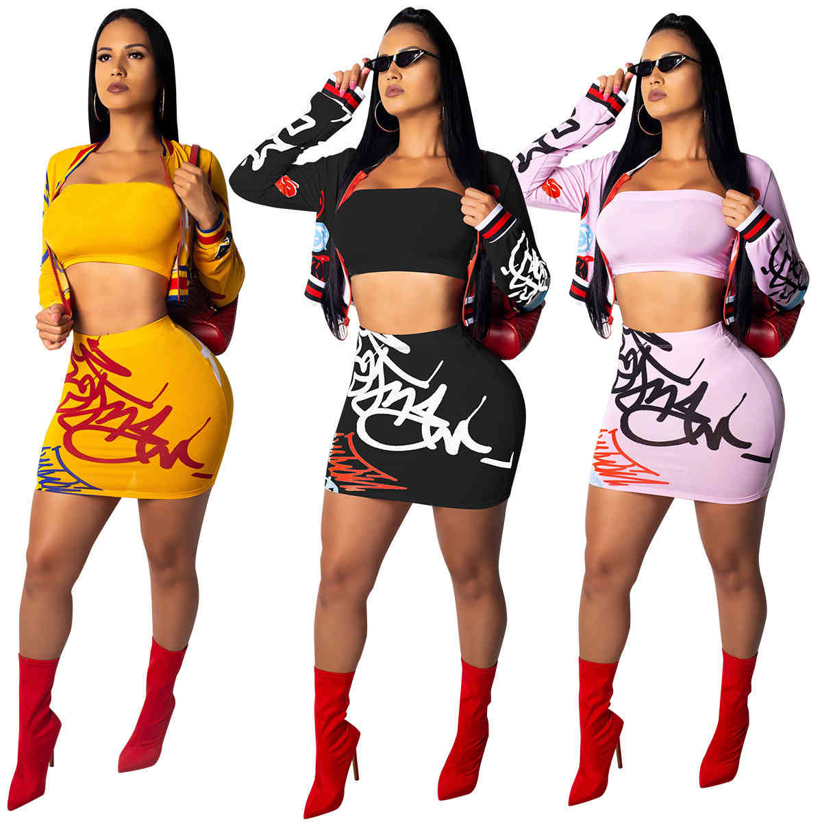

Women's Tracksuits 2021 women printed long-sleeved zipper top and hip two piece skirt, Mix or give list