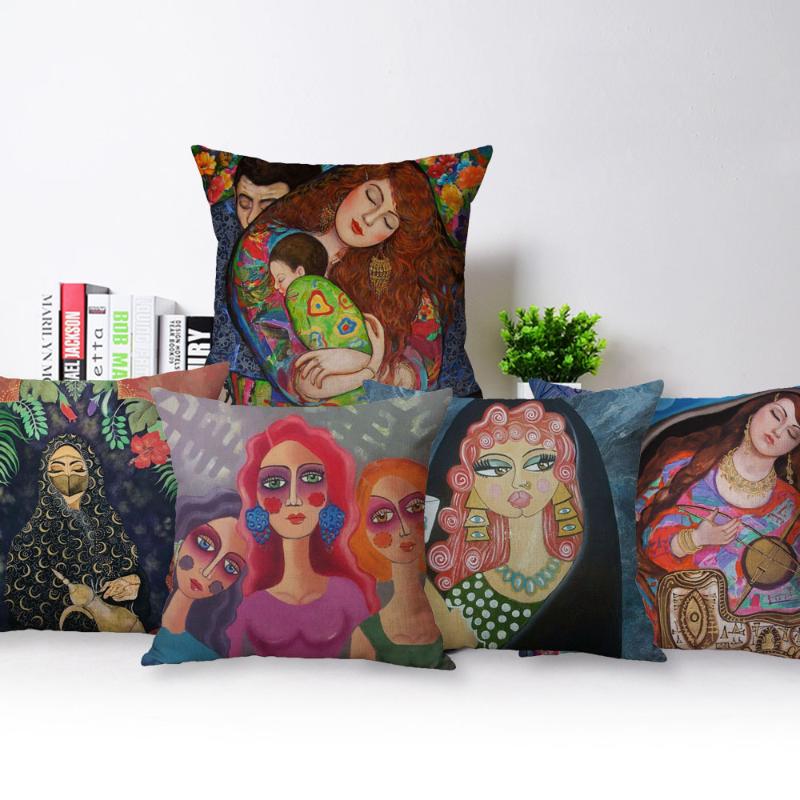 

Cushion/Decorative Pillow Beauty Girl Cushion Cover Assyrian Arabian Art Beige Linen Case 45X45cm Decor Sofa Home Decoration Kissenbezug