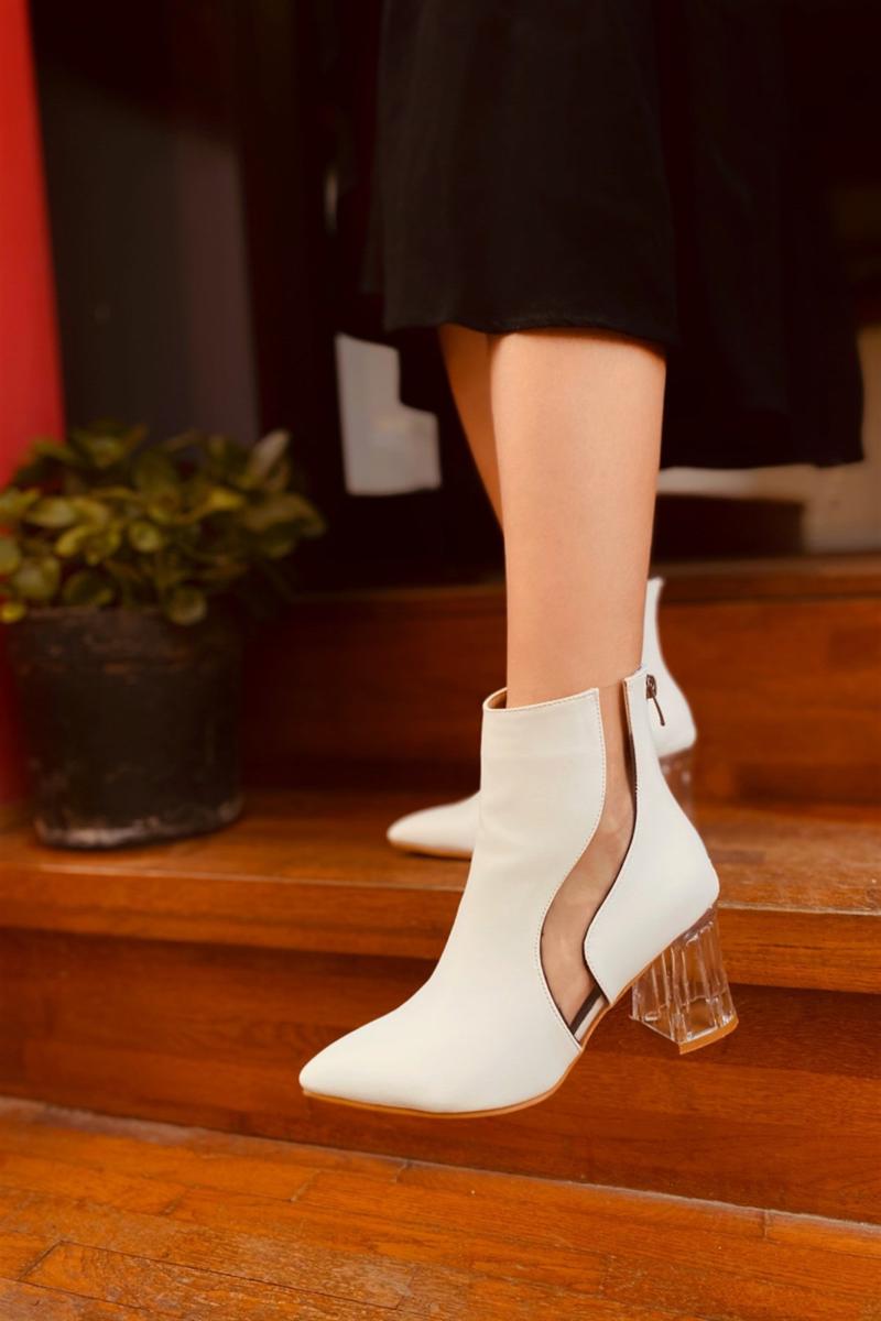 

Dress Shoes Women's Faux Leather Heeled Boots Pointed Toe Semi Transparent 7 Cm Fashion, As pic