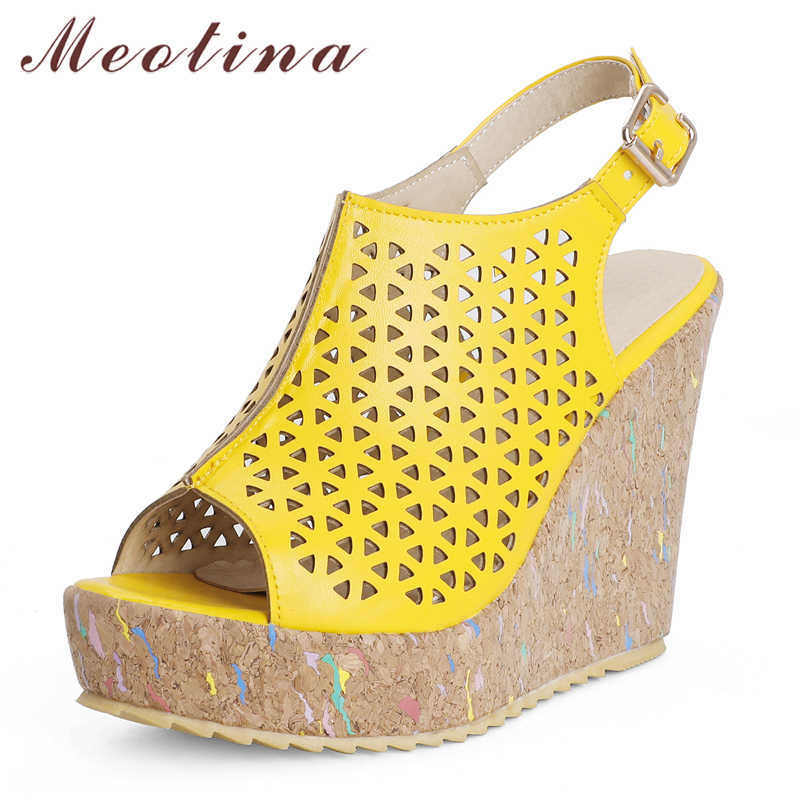 

Meotina Women Sandals Shoes Wedges High Heel Sandals Buckle Peep Toe Ladies Footwear Summer Yellow Black Size 34-43 Fashion 210608