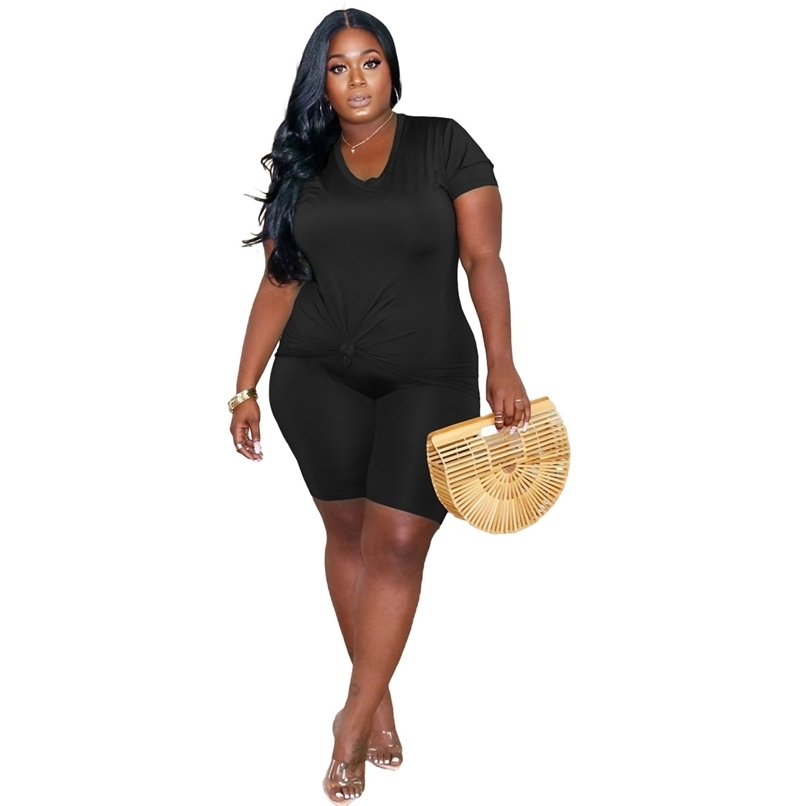 

Casual Women Plus Size 5XL Tracksuits Summer Arrivals Elastic Waist Biker Shorts + V-neck T-shirts Fashion Outfits 210525, Green