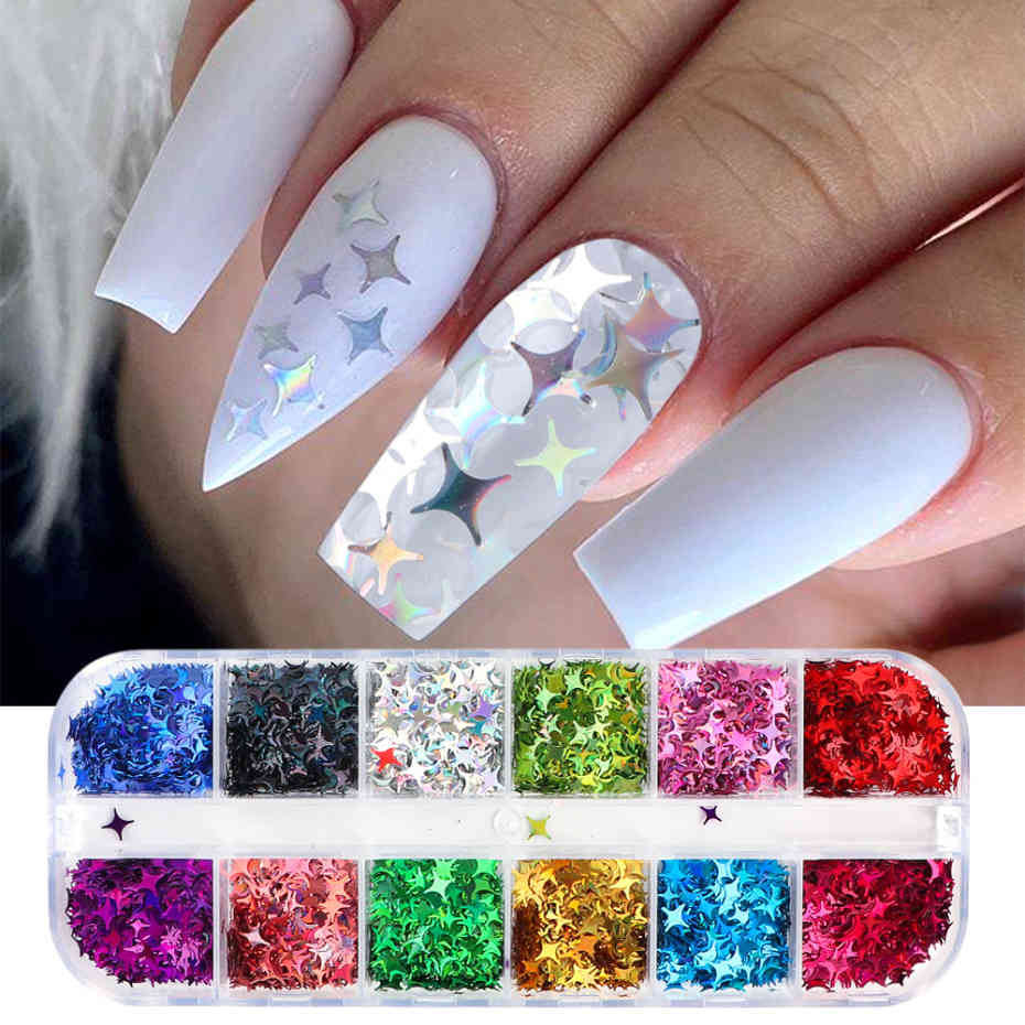 12 grids Colorful Holographic Nails Sequins Thin Four-pointed Star Laser Flakes Paillette Nail Art Decorations Accessory NF1819-image-691847505