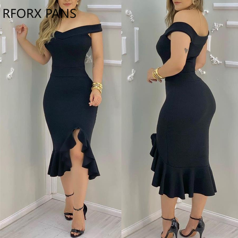 

2021Women Plain Off Shoulder Ruffle Hem Slit Dress Maxi Dress Bodycon Dress Sexy for Women, Black;gray