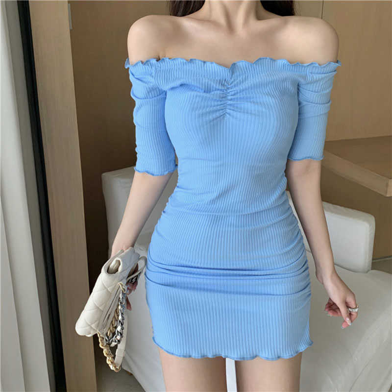 

Shintimes Off Shoulder Dress Women Slash Neck Summer Short Ruffles Knitted Dresses Mini Elasticity Sexy Slim Femme Robe 210615, Blue