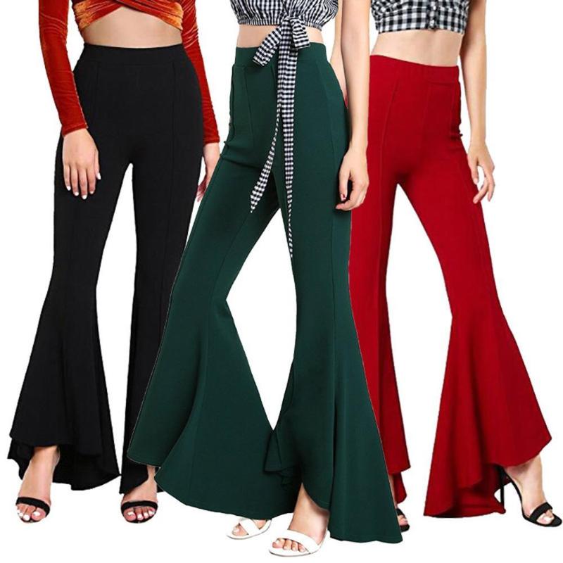 

Women Solid Color Elastic High Waist Wide Leg Pants Bell-Bottom Flare Trousers Trous Women's & Capris, Black