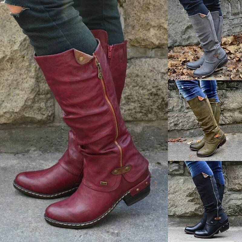 

Boots Winter Warm Cowgirl Zipper Women Cowboy Knee Punk Knee-High Western Arch Support Low Thick Heel Side Long Shoes, Red