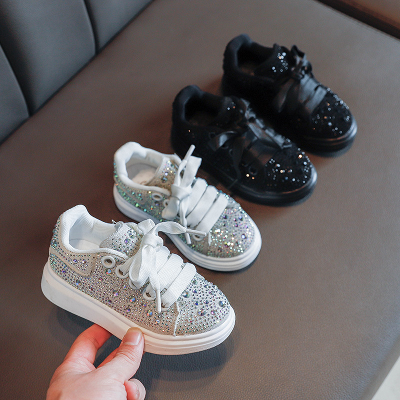 

Girls Shoes Spring 2021 New Childrens Bright Diamond Sports Shoes Big Childrens Fashion Casual Shoes Girls Nom-slip Sneakers, White