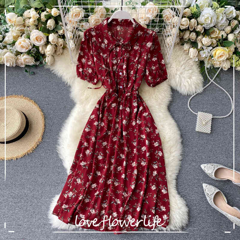 

Women Vintage Long Floral Dress Sweet Bow Tie Button Chiffon Dress Female Slim High Waist Beach Dress Vestidos 210521, Apricot