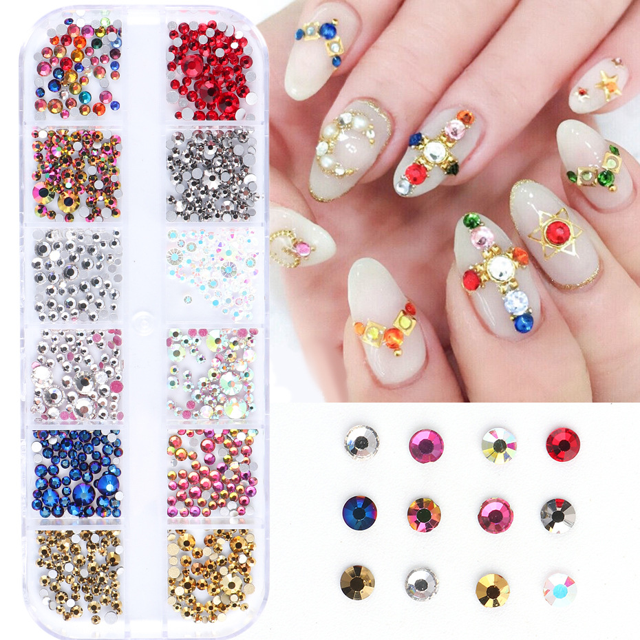 

Nails Accessorie 12 Grids AB Crystal Flat back glass rhinestone 3D diamond gem glitter nail art decoration, Silver;gold