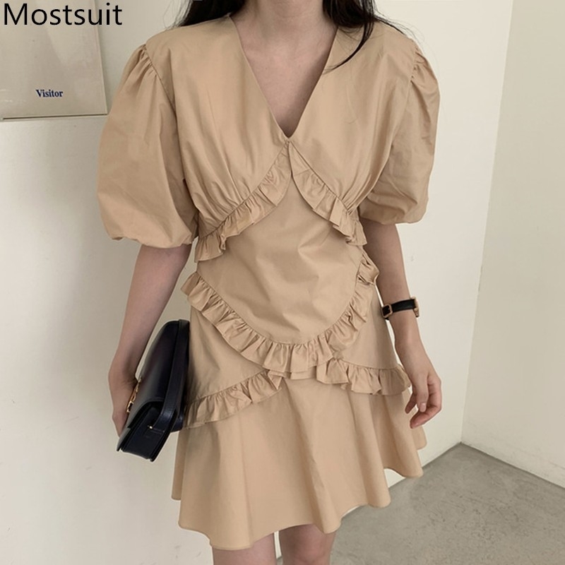 

Summer Korean Ruffles Mini Dress Women Puff Sleeve V-neck Pleated Dresses Fashion Solid Vintage Ladies Vestidos Femme 210518, Black