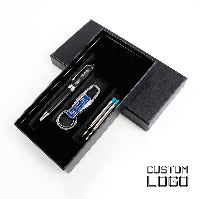 

1Set Engrave Names Metal Business Ballpoint Pens Customized Logo Black Gift Box Rotating With Key Chain Refill, Blue;orange