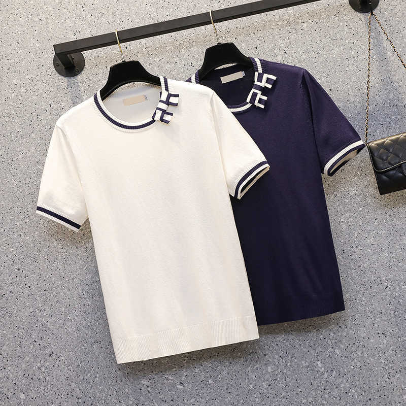 

M-4XL plus size women bow thin sweater short sleeve o neck loose casual kint Oversized female pullover jumper t-shirt 210604, Blue