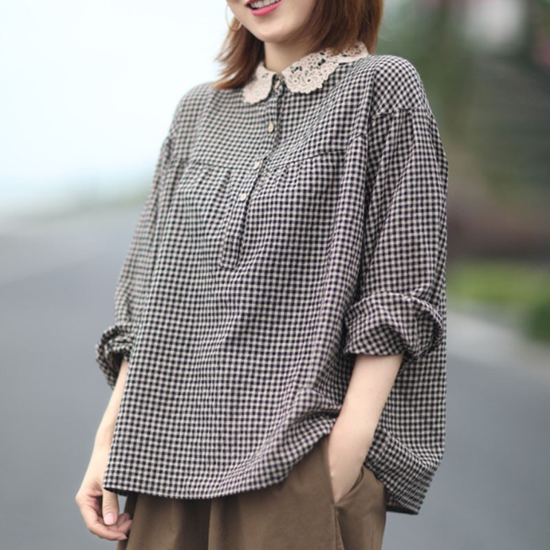 

Johnature Autumn Loose Retro Plaid Peter Pan Collar Button Long Sleeve Shirt Cotton Linen Comfortable Women Tops Shirts 210521, Red