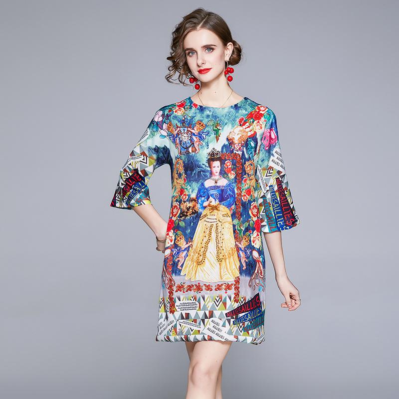 

Summer Fashion Runway Lady Loose Short Dress Women's Flare Sleeve Charming Floral Print Beading Elegant Casual Mini Dresses, Black;gray