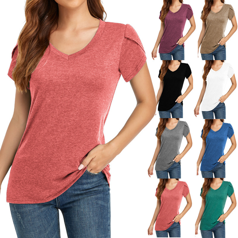 

new women's solid color v-neck short sve t-shirt for spring and summer of 2021, White