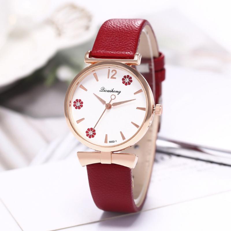 

Wristwatches Fashion Floral Ladies Watch Delicate Leather Women Quartz Wrist Casual Rose Gold Female Zegarek Damski, Red