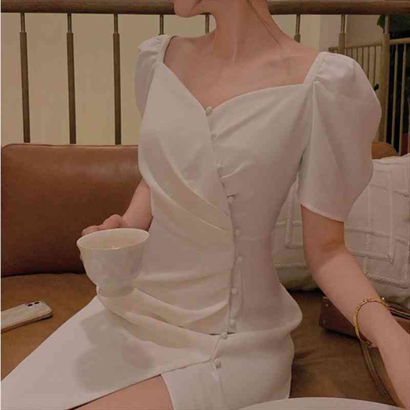 

vintage elegant dress women summer button midi split dress office lady designer casual korean style one-piece female, Black;gray