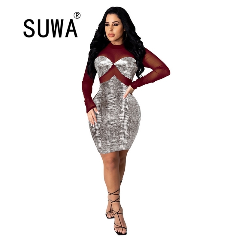 

See Through Mesh Patchwork Sexy Club Women Dresses Summer Free Long Sleeve Bodycon Pencil Lady 210525, Orange