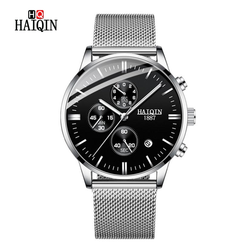 

Wristwatches HAIQIN Business Quartz Men Watches High-end Silver Sport Wrist Watch Mesh Belt Clock 2021 Relogio Masculino+box, F2
