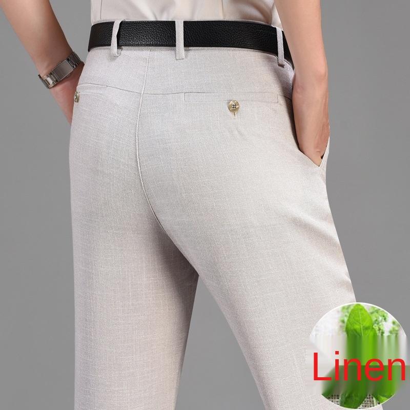 

Men's Pants Black Khaki Men Trousers Casual Summer Flat Thin Loose High Waist Linen Business Office Formal Suit For, 2103 beige