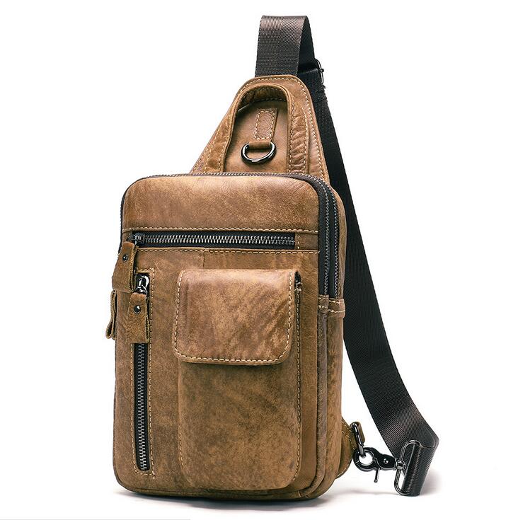 

Genuine leather men's crossbody bag high quality cowhide chest casual messenger vertical shoulder small bags 1141, Brown