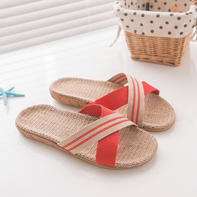 

Slippers Summer Women Fashion Anti-slip Linen Home Indoor Open Toe Flat Shoes Beach Slides Slip On Flip Flops 5.8, Red