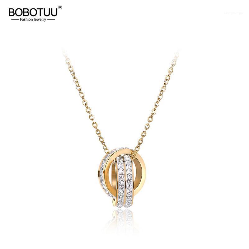 

Pendant Necklaces BOBOTUU Double Circle Chokers Pave Setting Rhinestone Gold Color Stainless Steel Female Necklace Jewelry BN18038, Silver