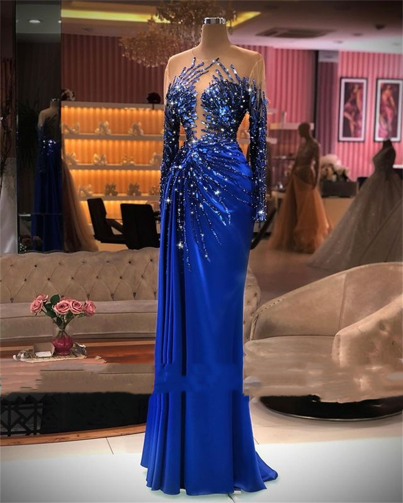 

Sparkly Royal Blue Long Sleeve Evening Dresses Beads Luxury 2022 Mermaid Formal Night Gown Dinner Dress Celebrity Party Gowns For Women, White