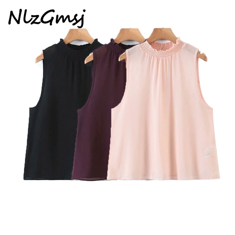 

Blouse Sleeveless Shirt Summer Chiffon Tops Shirts Solid Color Sweet Clothing 210628, As picture