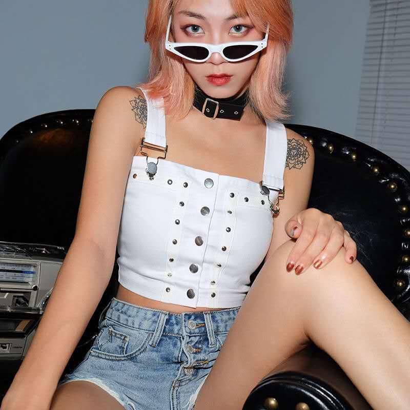 

Women' Tanks & Camis Sexy Casual Summer Young Lady Clothes Boho Women Tops Crop Teens For Girls Small Breasts Metal Buckle Rivet Tank Top, White