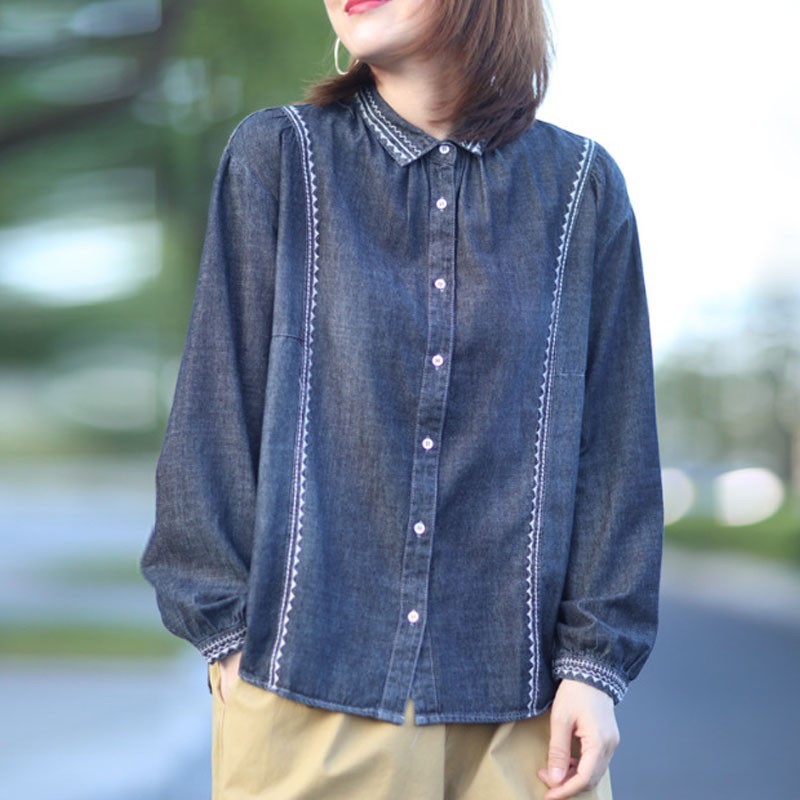 

Johnature Fashion Retro Embroidery Turn-down Collar Long Sleeve Denim All-match Shirt Autumn Loose Leisure Women Tops 210521, Blue