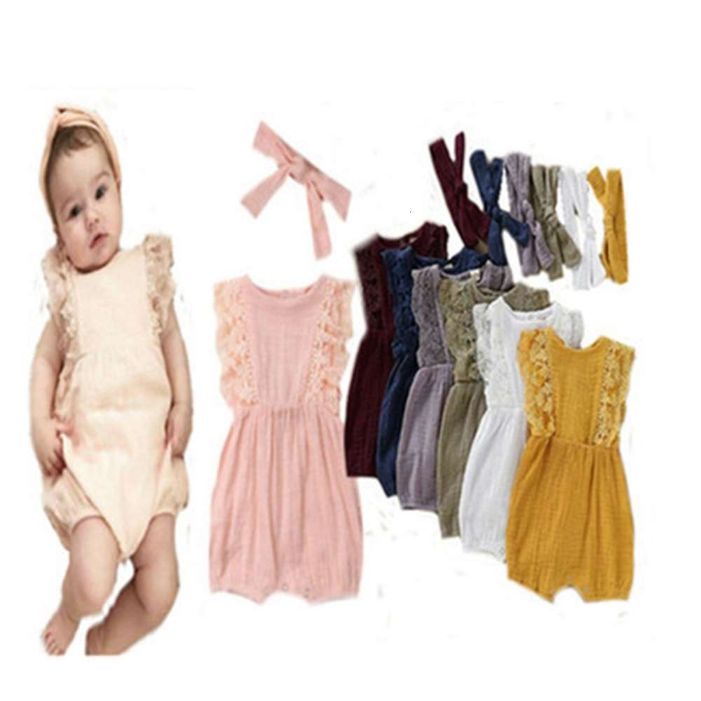 

Baby candy color cotton hemp lace one-piece hatsuit + headband suit, White