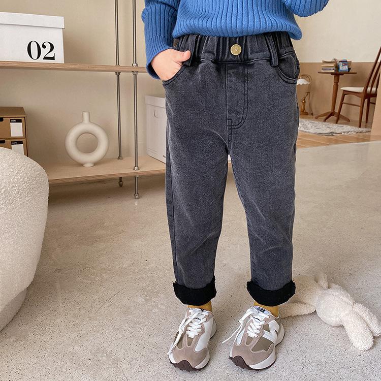 

Jeans Autumn Winter Children Unisex Thin Fleece Inner Straight Boys And Girls Warm All-match Denim Pants, Blue