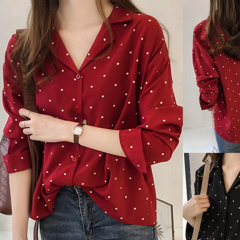 

women womens shirt blouses casual long sleeve polka dot turn down collar button female blouse blusas mujer de moda, White