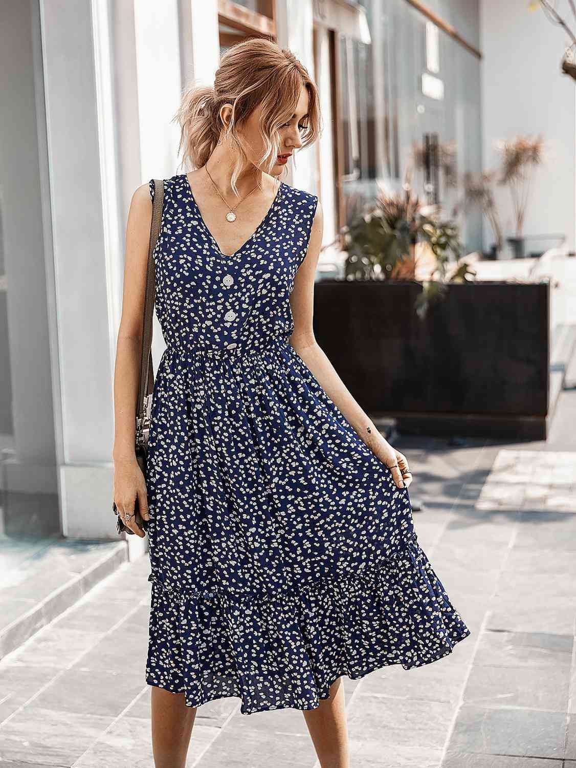 

Summer Boho Floral Print Long Dress Women V Neck Sleeveless Button Fashion Beach Ruffles Dresses Women Sundresses Vestidos 210521, Gold