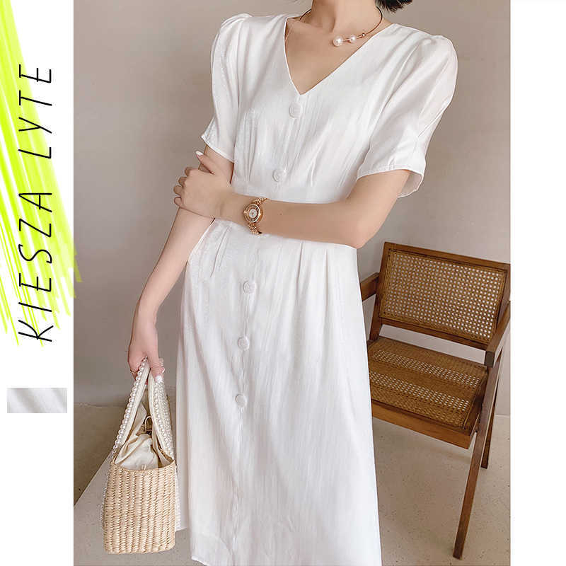 

Woman White Dress Single-breasted Silk Satin High Waist Short Sleeve V-neck Summer French Elegant Dresses 210608