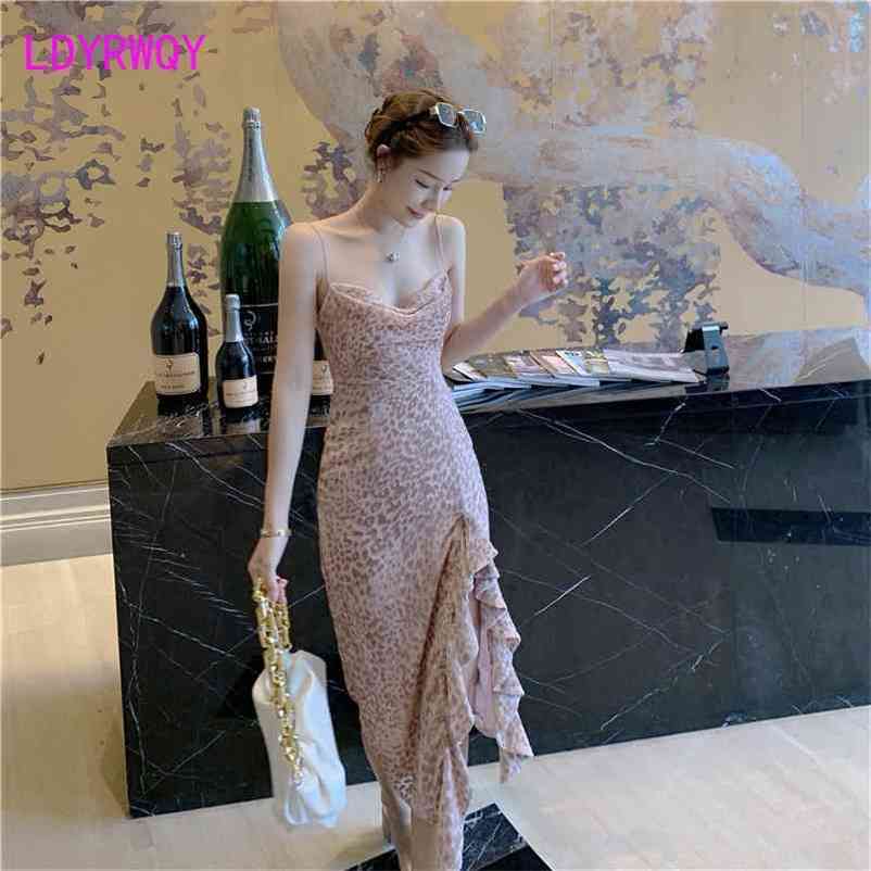 

LDYRWQY Sexy beach flounces show back slim slit halter holiday dress Office Lady Zippers V-Neck Polyester 210603, Pink
