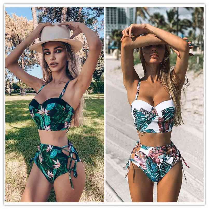 

High Waist Swimwear Leaf Print Bikinis Women Swimsuit Vintage Retro Bathing Suit Halter Biquini Maillot de bain femme 210630, Tz18042g1