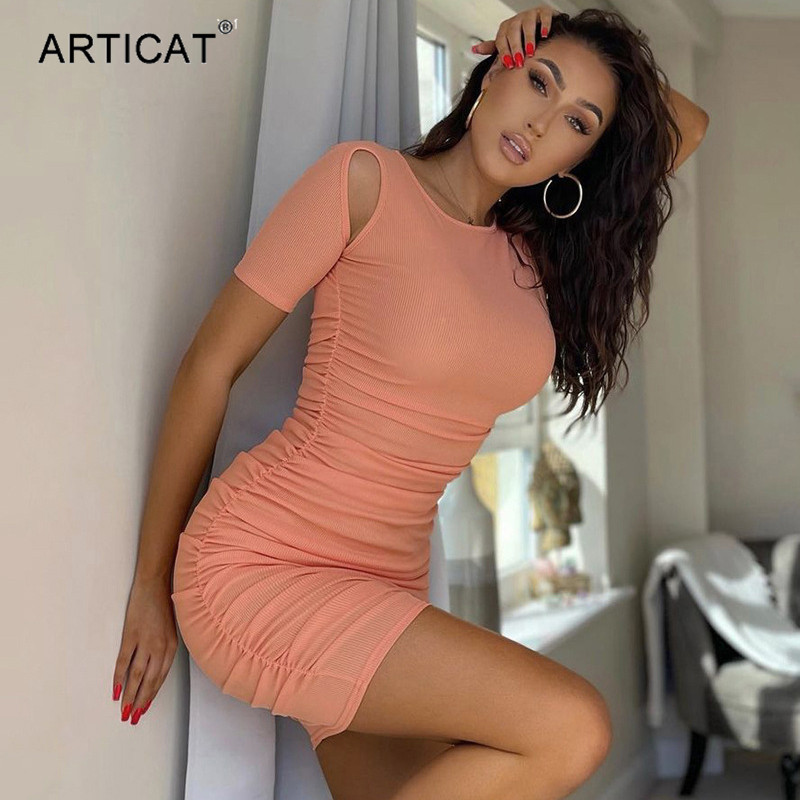 

short sleeve hollow out ruched summer mini dresses for women o-neck rib knitted skinny basic femme solid vestidoshigh quality, Black;gray